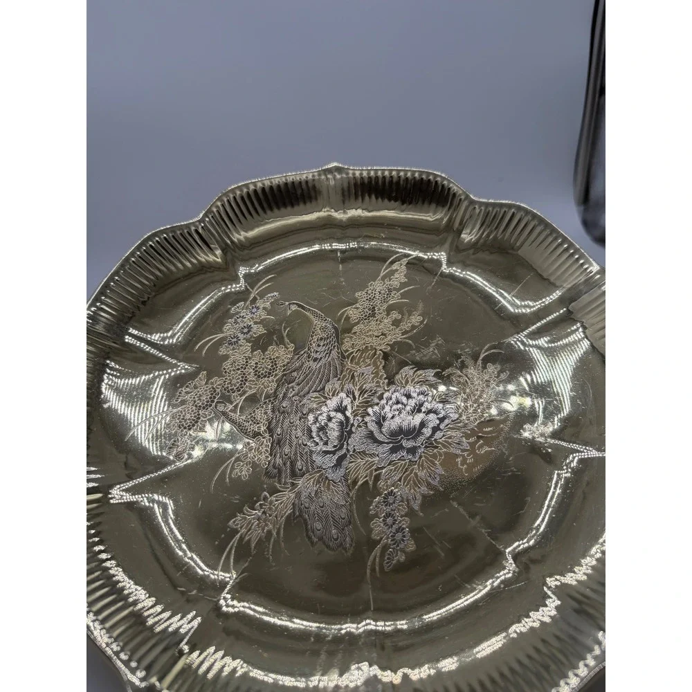 Vintage Gold Tone Etched Peacock Scalloped Decorative Plate Floral 10.25 Inch